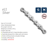 CHAIN - 11 Speed - KMC E11 TURBO - 140L - SILVER - w/Connect Link - (Ebike Chain, higher pin power for e-Bike torque) - (Workshop Packaging)