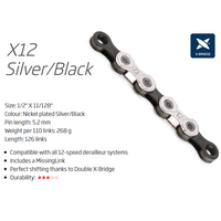 CHAIN - 12 Speed compatible with TRP EVO Drive Train - KMC X12 - 1/2" x 11/128" x 126L - w/Connect Link, Silver/Black,