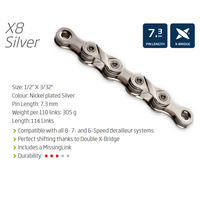 CHAIN - 8 Speed - KMC X8 - 116L - SILVER - w/Connect Link