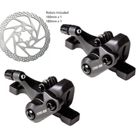 DISC BRAKE set, E-Bike mechanical,  CNC one piece calipers w/sintered pads FRONT & REAR, IS & PM compat, (1 x 180mm & 1 x 160mm rotor included) - Qual